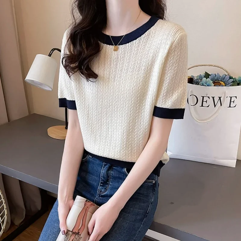 Summer Korean Short Soft Knit Short Sleeved T-shirt Women\'s O-Neck Color Block Screw Thread Design Simple Versatile Sweater Top