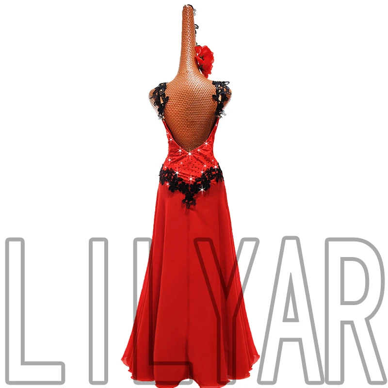 New Modern Dance Performance Dress Waltz Performance Dress Competition Dress Red Long Black Embroidered Dance Dress