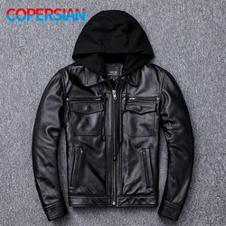 New top layer cowhide leather jacket men's slim lapel detachable hooded motorcycle jacket thick coat