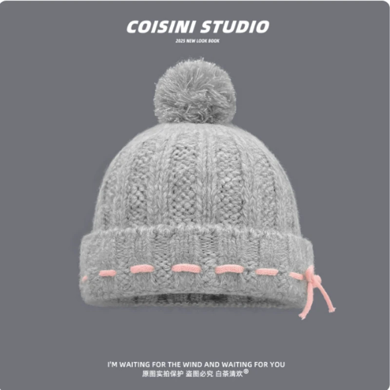 Japanese Simple Threading Bow Design Hairball Pullover Knitted Hat Women's Winter Sweet Warm Ear Protection Skull Beanie Caps
