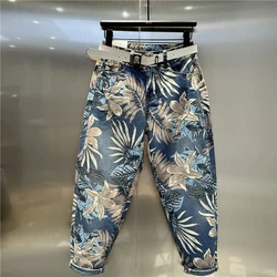 2024 Spring summer New Maple Leaf Printing Dyeing Cropped Jeans Women's Fashion Streetwear High Waist Loose Harem Denim Pants