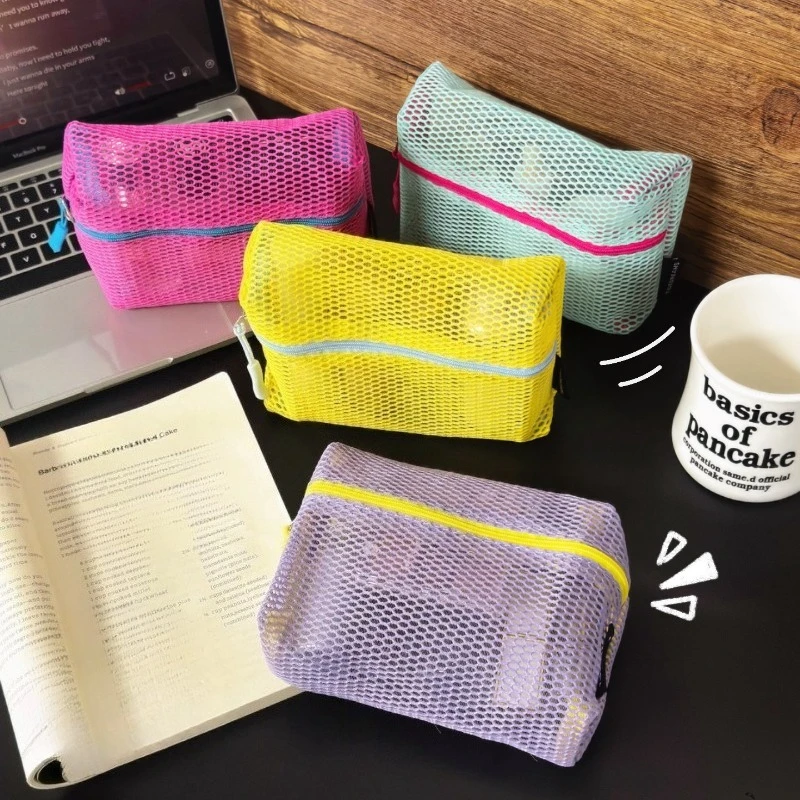 Women Dopamine Style Vertical Mesh Makeup Bag Portable Outdoor Large Capacity Travel Sundries Cosmetic Toiletry Organizer Pouch