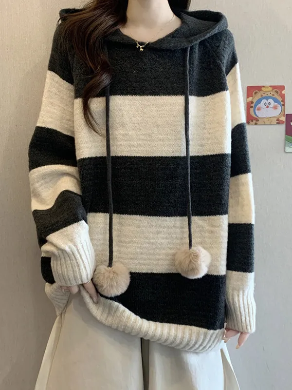 

Lazy Stripe Long Sve Hoodie Women's Autumn Winter Loose plus Size Young Looking Top Comfortable Breathable Casual Sle