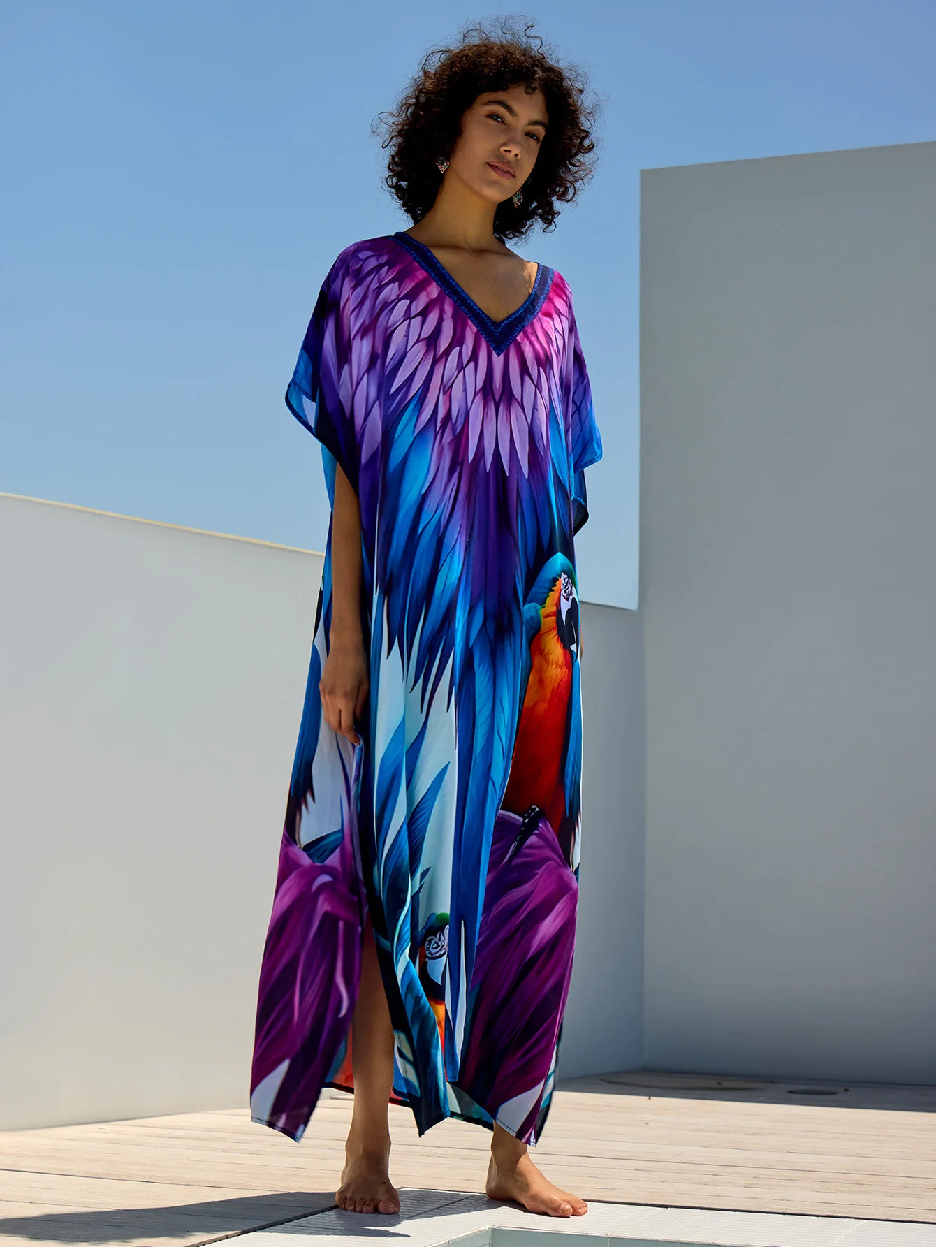 Robe de plage maxi imprimée perroquet pour femmes, kaftans, cover-up pour les maillots de bain, vêtements de vacances d'été, approvisionnement d'usine