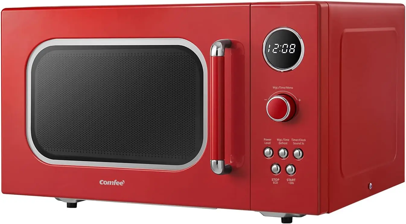 Retro Microwave, 0.9 cu.ft 900W: 9 Preset Programs, Fast Multi-stage Cooking, Turntable Reset Function, Kitchen Timer, Mute Func
