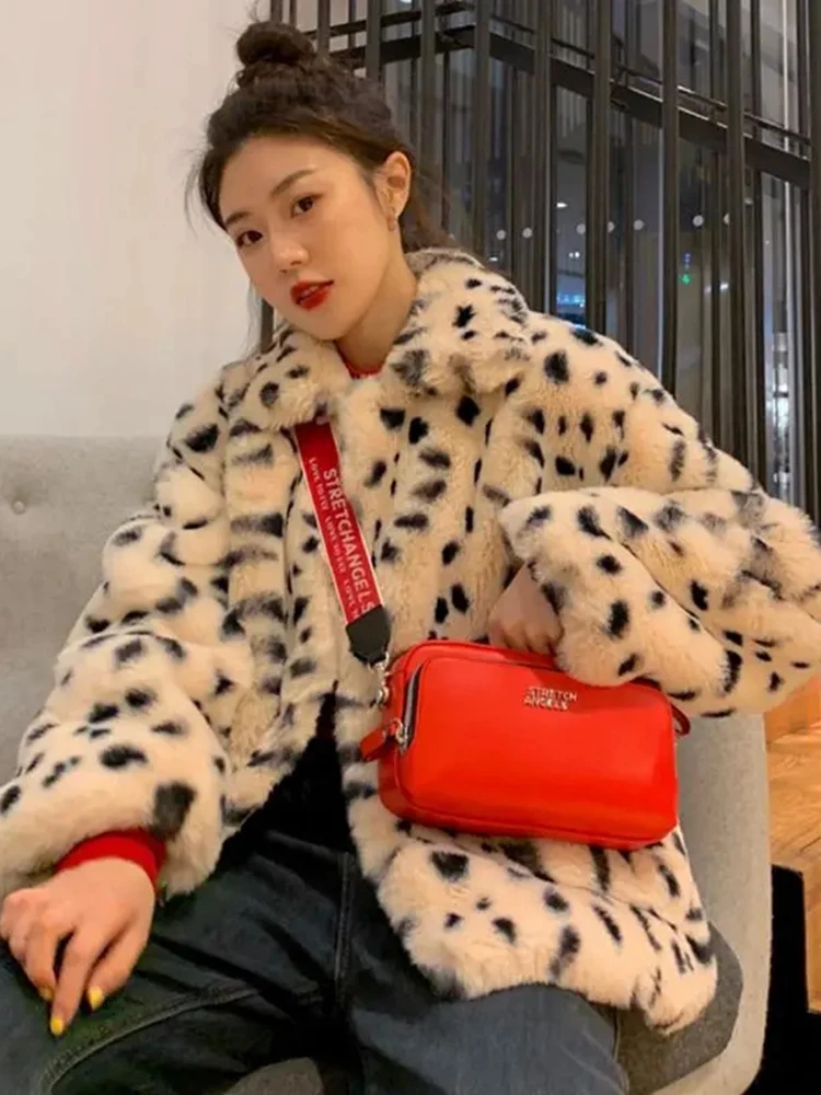 JMPRS Winter Leopard Furry Coats Women Loose Warm Faux Fur Ladies Short Jacket Turn Down Collar Plush Korean Fashion Clothes New