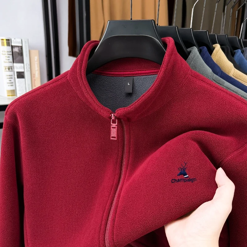 Winter fashion new item deer embroidery original zipper stand up collar cardigan jacket men's thick velvet warm trendy sweater