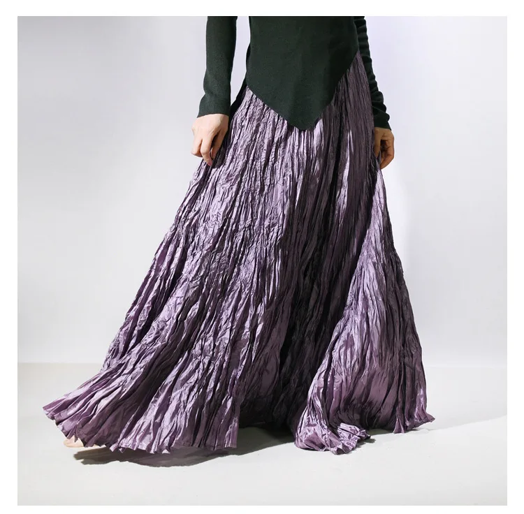 High Quality Women Spring Long Skirts Wide Hem Pleated Design High Waist A-Line Dance Maxi Skirts Faldas Femme Streetwear
