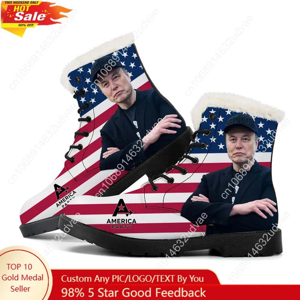 

America Party Plush Boots Mens Womens Casual Shoes Elon Musk Cozy Outdoor Keep Warm Leather Boot Couple High Quality Custom Shoe
