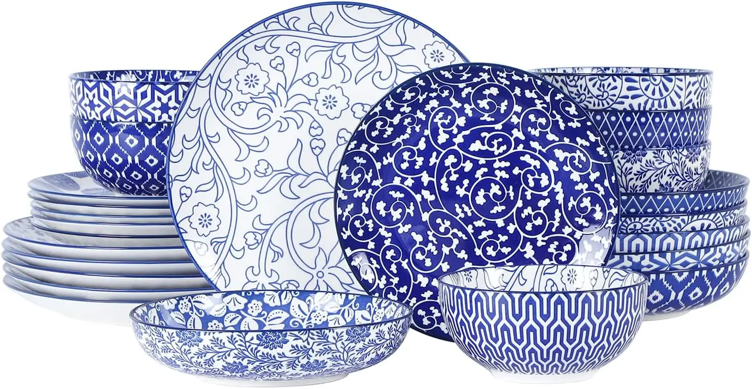 

Набор керамической посуды из 24 предметов, устойчивый к сколам и можно мыть в посудомоечной машине, винтажный синий цвет