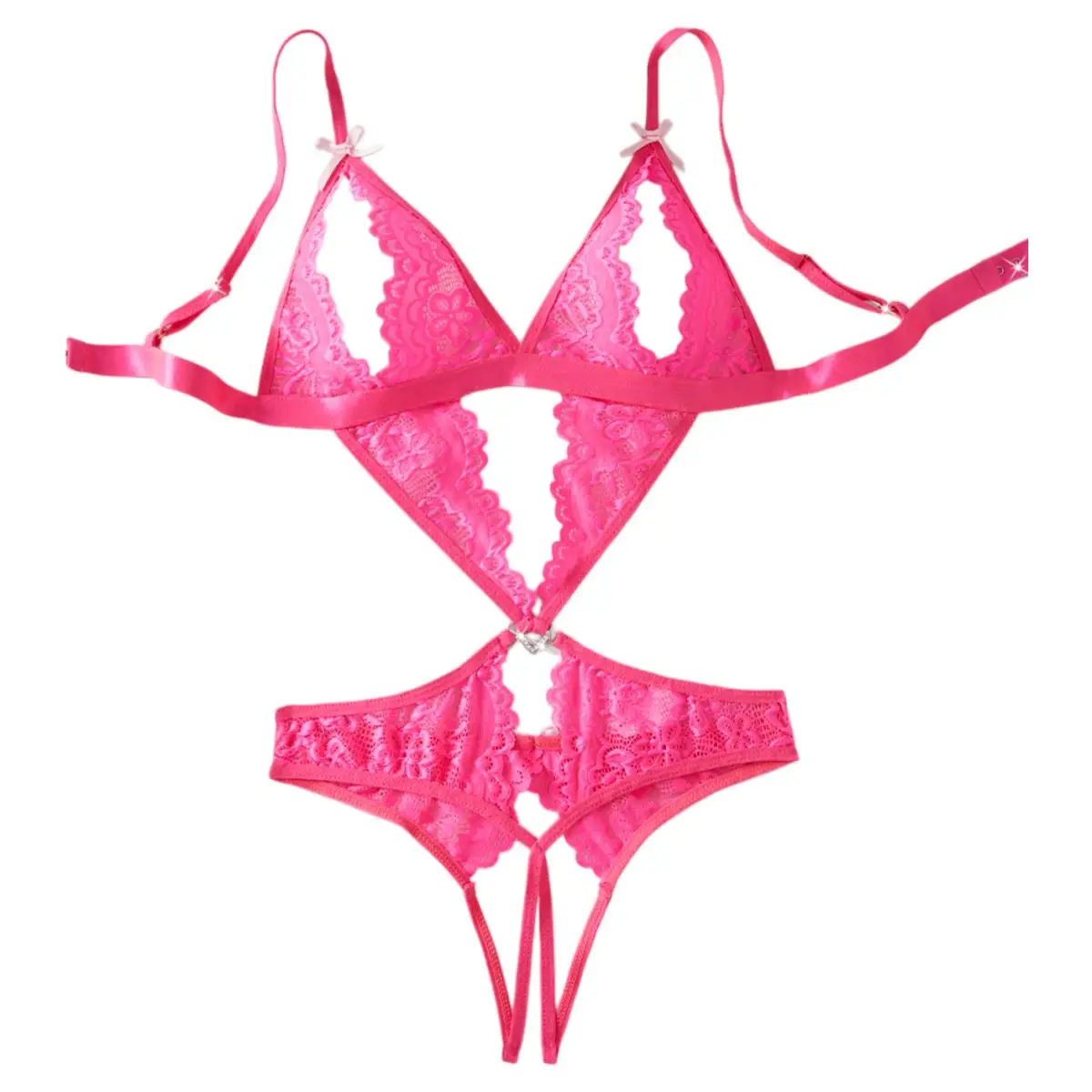 Rose Red Strap Hollow Bra One Piece Bodysuit Backless Crotchless Underwear Elegant Lace Fabric Sexy Bow Erotic Sheer Lingerie