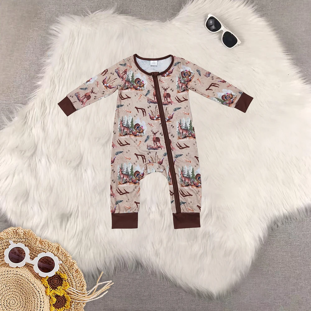 

8.14 Wholesale western boutique onesies Newborn toddler Baby Infant Boys Fall Deers Hunting Turkey Bamboo Zip Rompers
