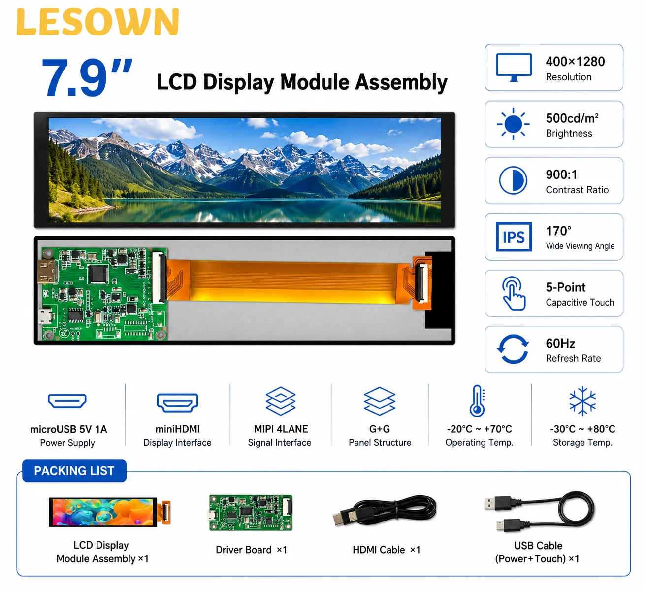 LESOWN 7.9" 400x1280 Stretch Screen Ready-to-Use 900:1 Contrast Monitor LCD for System Hardware
