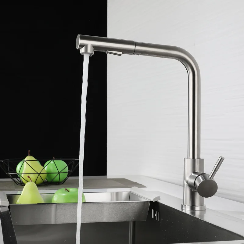 

304 Stainless Steel Kitchen Pull-Out Faucet Brush Nickel Hot And Cold Retractable Kitchen Sink Faucet Mixer Tap