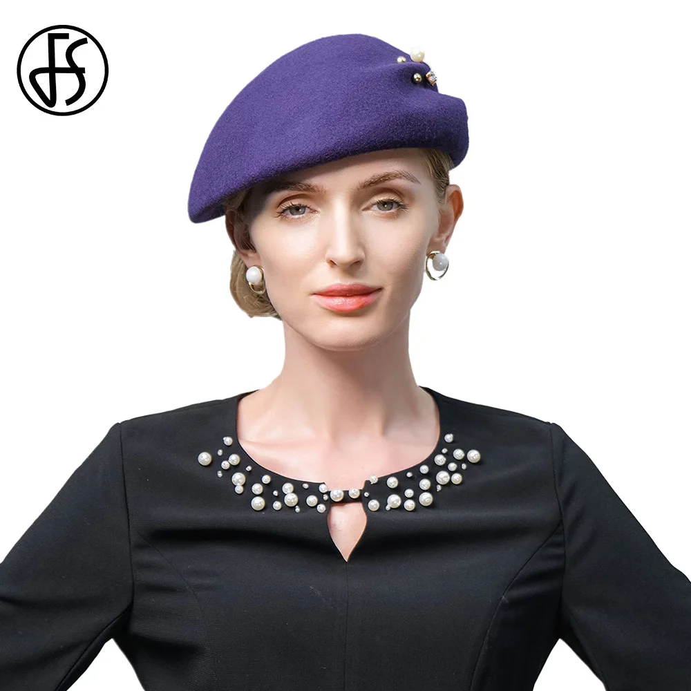 FS 2024 British Beret Luxury Purple Top Hat For Women With Faux Pearls Vintage Millinery Winter Black Cap Fascinator Wool Fedora