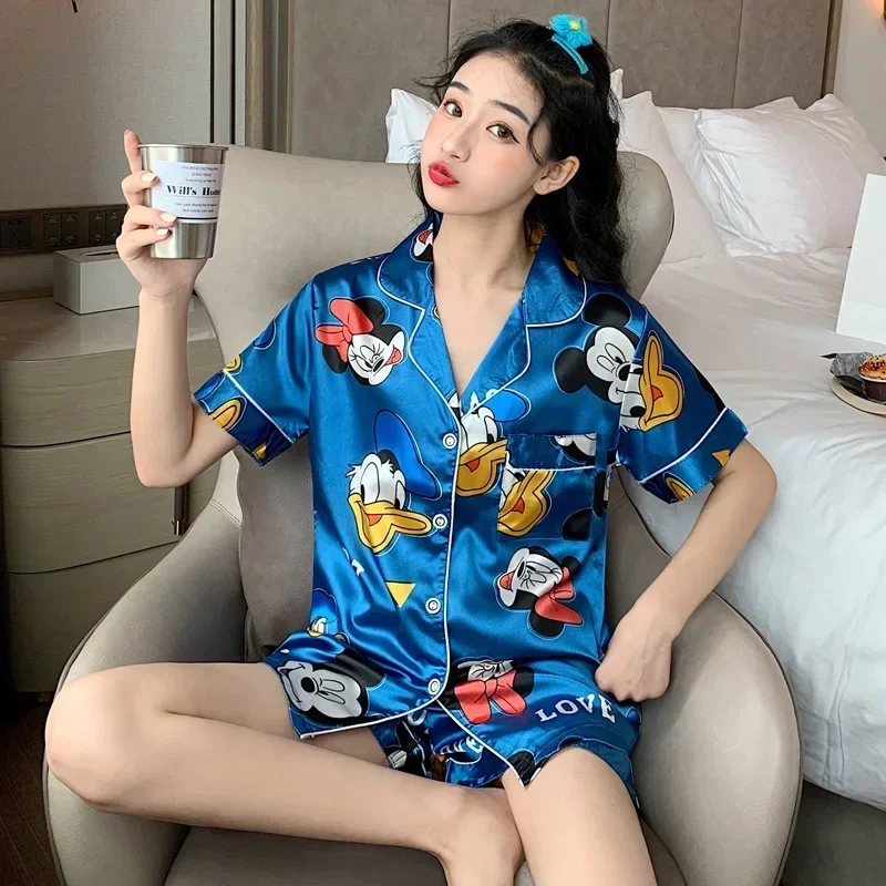 Disney Pajamas ladies summer mickey mouse short-sleeved nightgowns simulation silk sexy spring autumn sleepwear home clothing