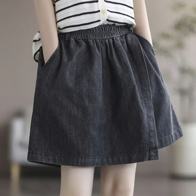 Women Summer Thin Simplicity Office Lady Solid Color High Waist Denim Shorts Women Clothes Casual All-match Appear Thin Wide Leg