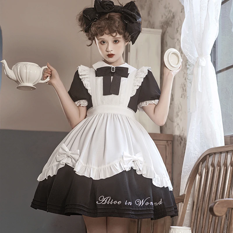 Wonderland Op Lolita Sweet Bow Lace Dresses Maid Summer Crew Neck Short Sleeve Puffy Sleeves Apron Two-piece Kawaii