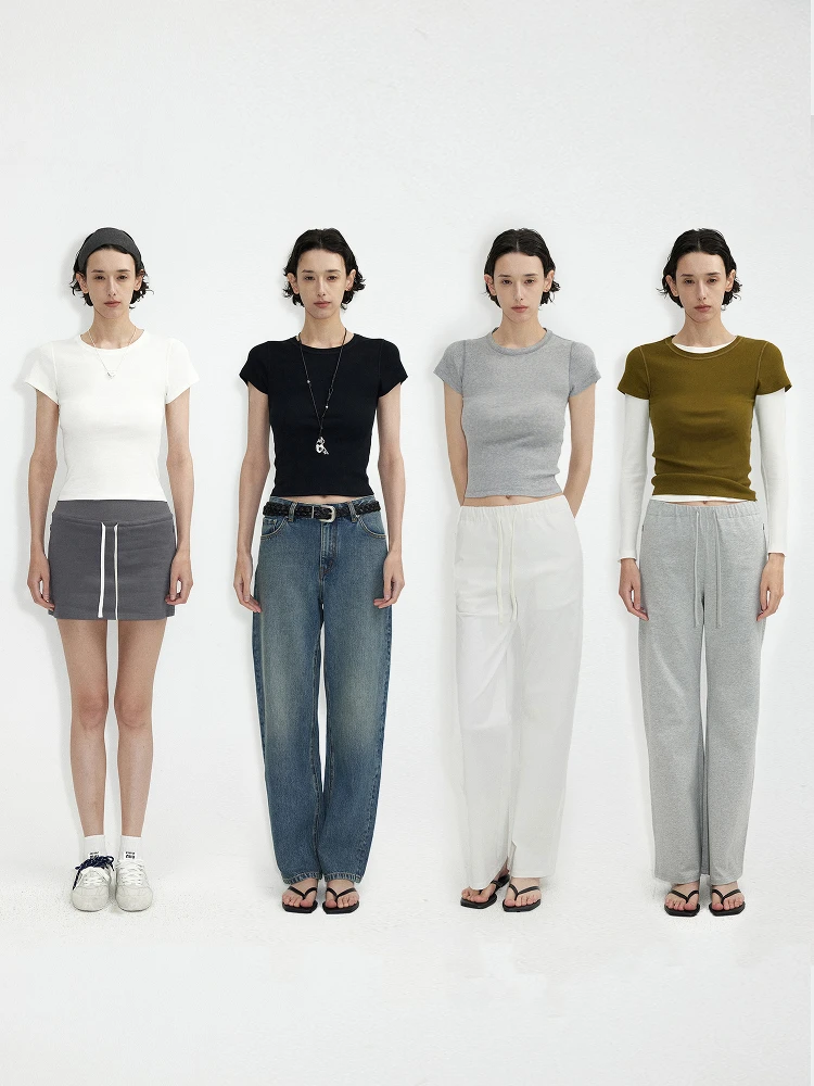 

Футболка Cleanfit с круглым вырезом и коротким рукавом в стиле 90-х, из шерсти, шелка и хлопка, текстурированная, 30R, женская, летняя, базовая, однотонная