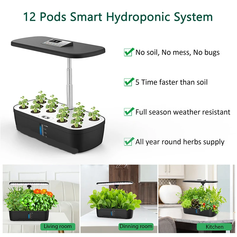 12 Holes-Hydroponic System Kits Indoor Soilless Cultivation Equipment LED Plant Growth lamp Home Vegetable Fruit Planter