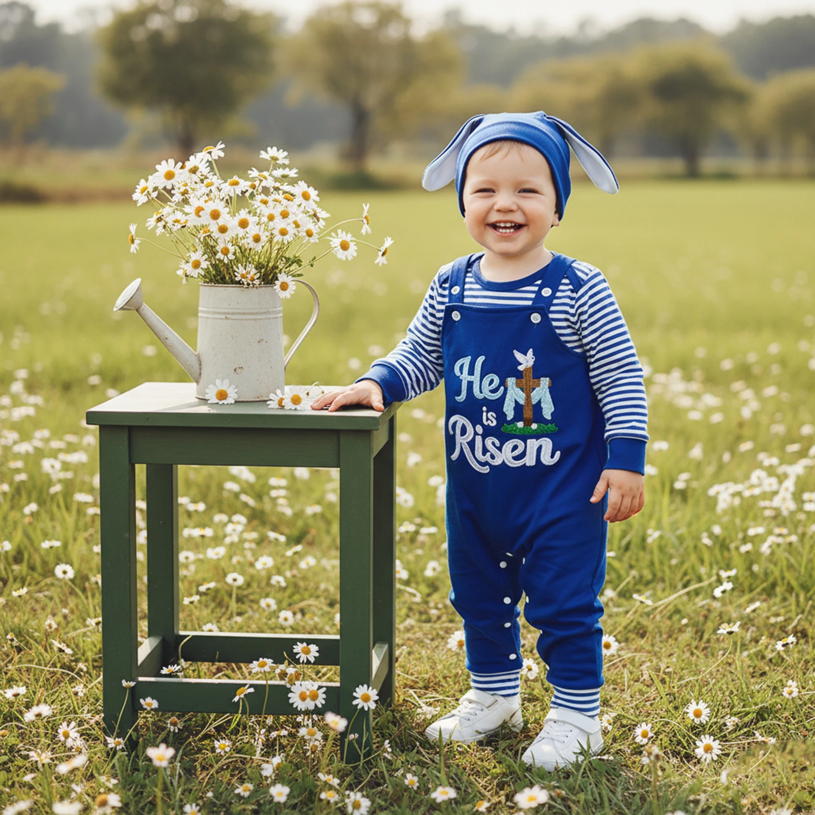 VISgogo Baby Boy Easter Outfit Striped Long Sleeve Romper Bunny Overall Pants and Ears Hat 3 Piece Spring Set