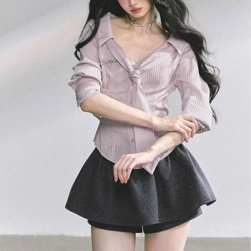 Kemeja Bergaris Merah Muda Deeptown Blus Renda Lengan Panjang Manis Elegan Wanita Mode Korea Kasual Preppy yang Menarik Perhatian