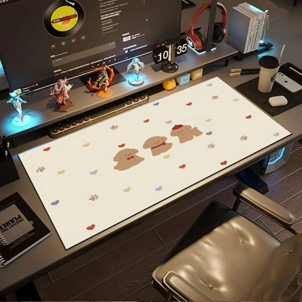 Cute Brown Puppies Large Desk Mat, 90x40cm Paw Print & Heart Extended Mouse Pad, Non-Slip for Home Office