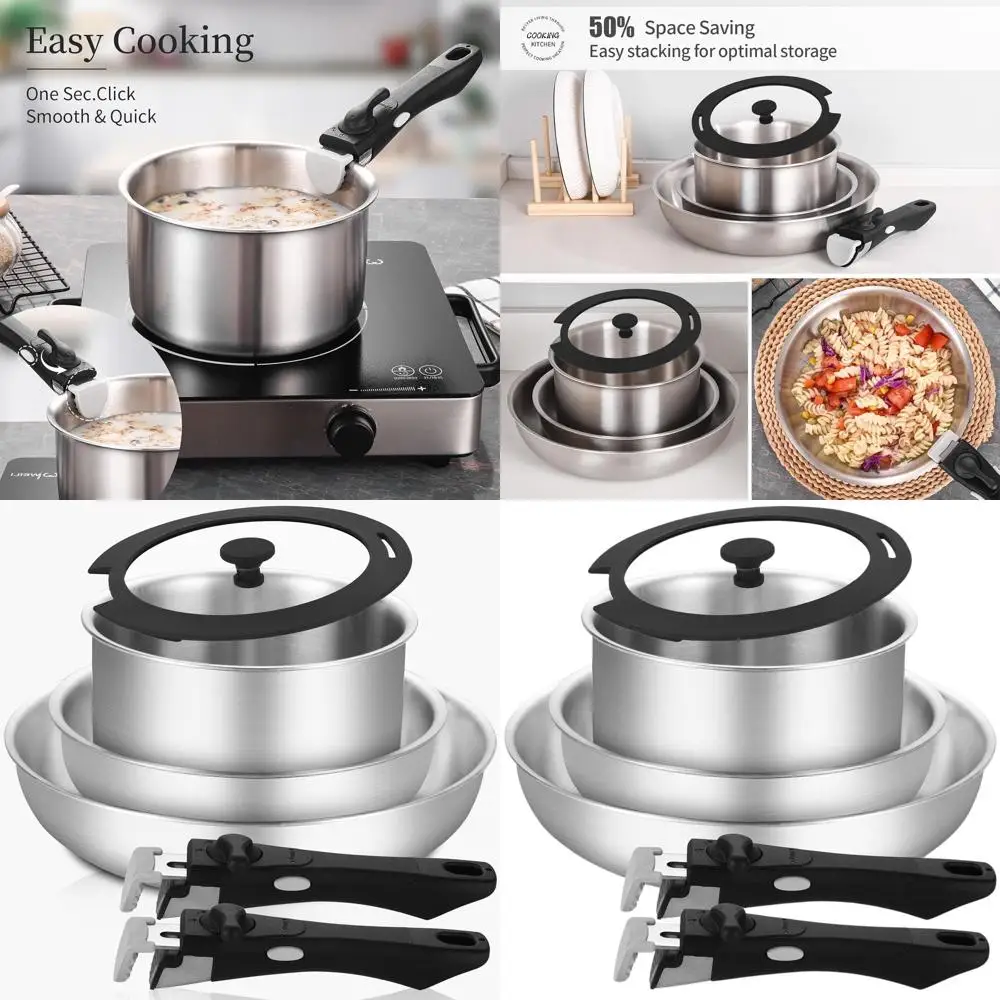 

6-Piece Detachable Handle Stainless Steel Cookware Set, Induction Compatible, Oven and Dishwasher Safe for Home & Camping