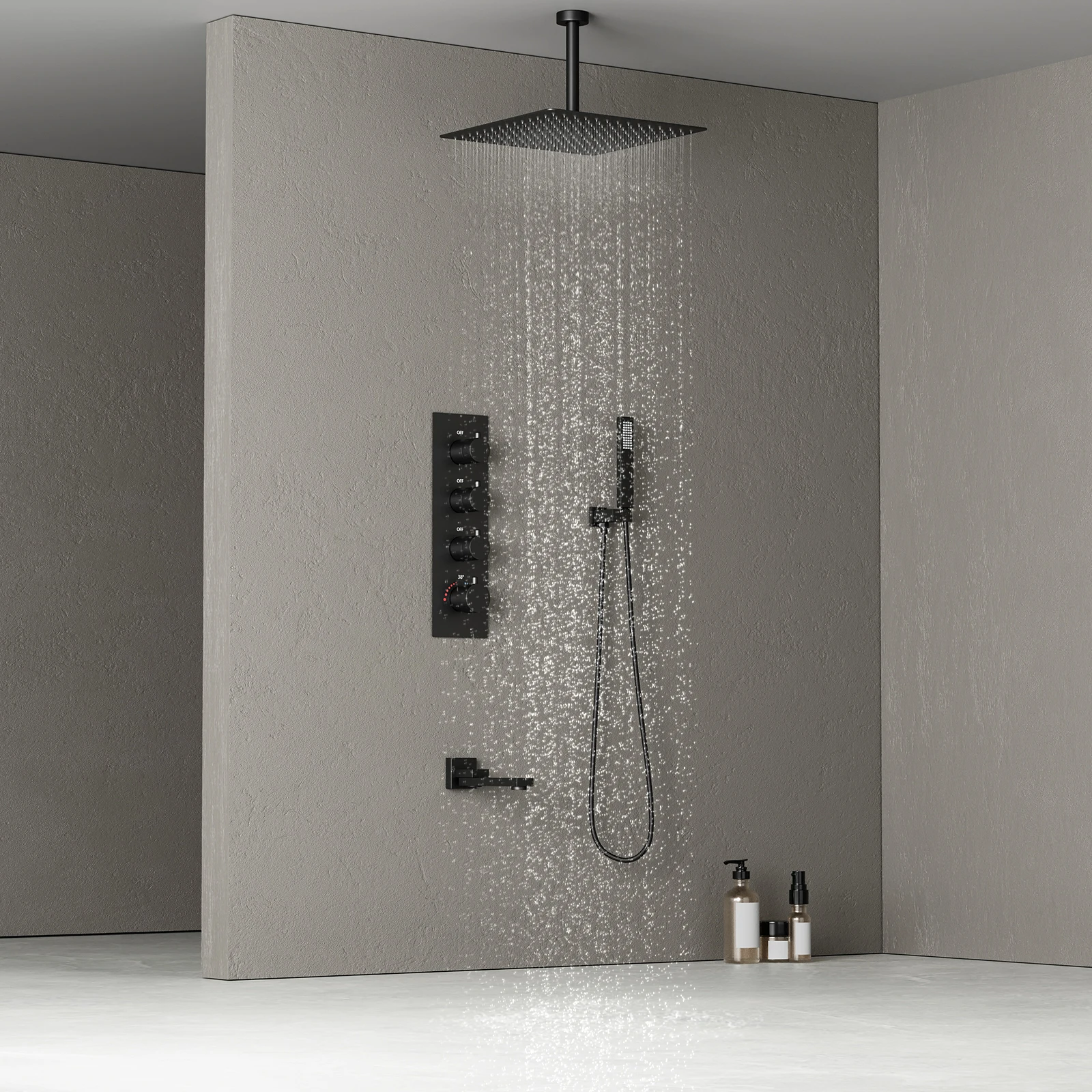 Matte Black Bathtub Brass Hybrid Faucet Rainfall System Thermostatic Rain Shower Head Set