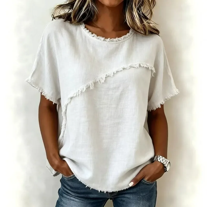 Women's Clothing Spring and Summer New Product Round Neck Short Sleeved Tassel Spliced Cotton and Linen Shirt for Europe America