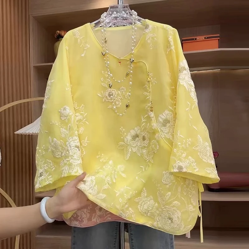 Vintage Long Shirt New Chinese Style Embroidered Round Collar Coat Spring And Summer New Temperament Jacket Women's Clothing