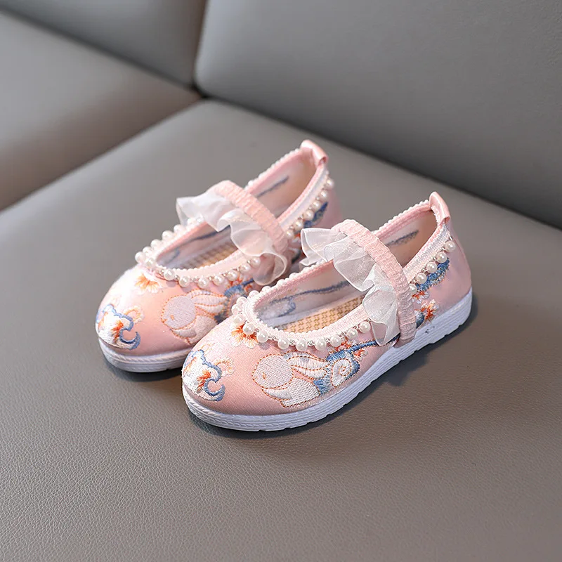 baby girls Hanfu shoes rabbits flowers embroidered spring summer pearl lace princess shoes Chinese style dancing ruffles satin