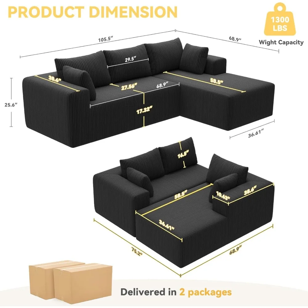Роскошный вельветовый секционный диван с L-образным шезлонгом и глубоким сиденьем 27,56 для удобного сидения в гостиной