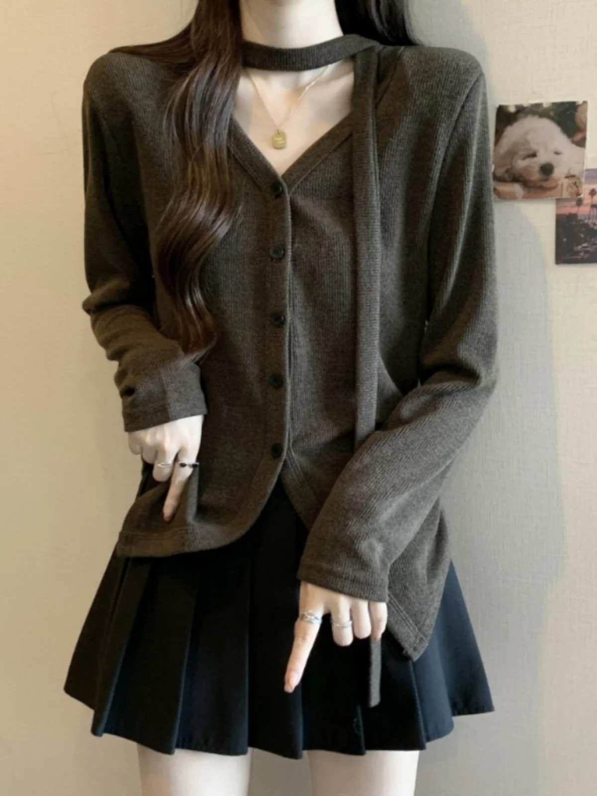 

Slimming V-Neck Long Sleeve T-Shirt Women's Base Shirt Spring Autumn plus Size Fashionable Neck Hanging Sash Top Korean Style