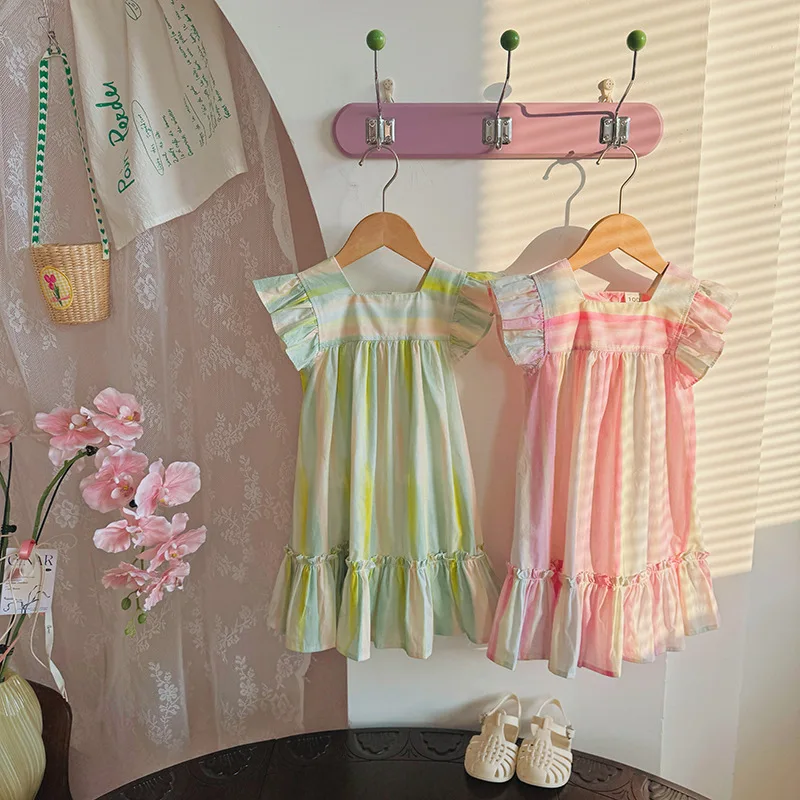 

2025Summer Colorful Striped Print Girls' Dress with Lace Flutter Sleeves Cake Dress Children's Clothing