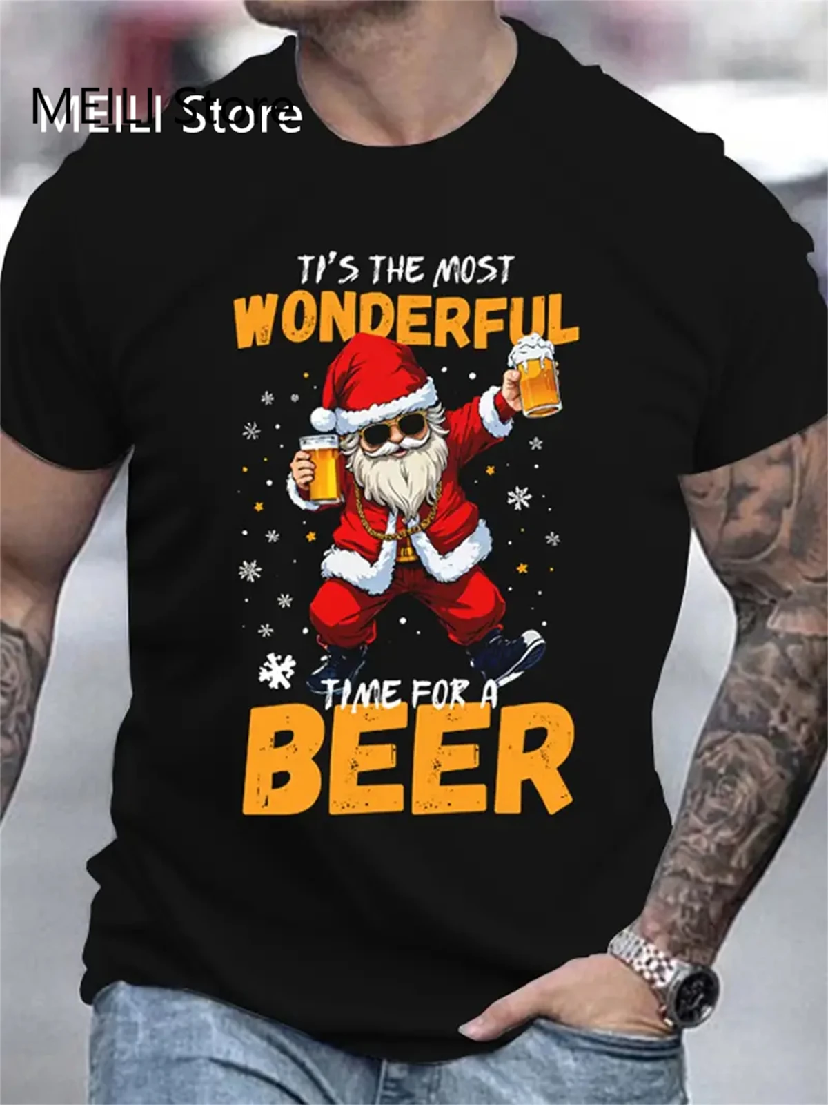 الرجال احتفالي عيد الميلاد البيرة المحملة عادية سانتا كلوز الرجال قصيرة الأكمام المعتاد عطلة حفلة تي شيرت الرجال Harajuku تي شيرت