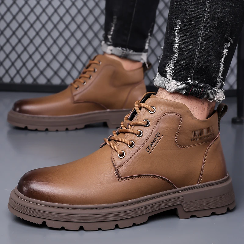 

Мужские деловые кожаные ботильоны в британском стиле, рабочая одежда на износостойкой подошве, зимняя классическая мужская обувь с высоким берцем