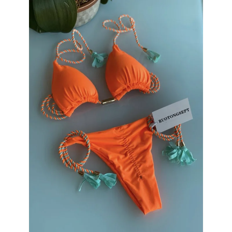 Maillot de bain deux pièces pour femmes, sexy, bikini, string, bandage, push up, col licou, rose, vêtements de plage, été