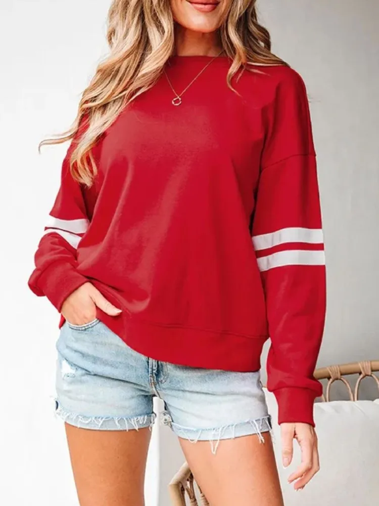 الخريف طويلة الأكمام الرياضية عادية اللون منعت البلوز البلوز المرأة الشارع نمط مطبوعة الجولة الرقبة فضفاضة البلوز