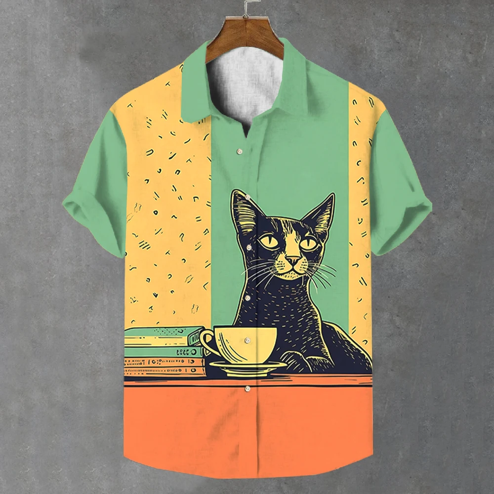 

Summer Men's Shirt Animal Pattern Print Cat Shirts Casual Short Sleeve Streetwear Fashion Male Oversized Clothing Cardigan Tops
