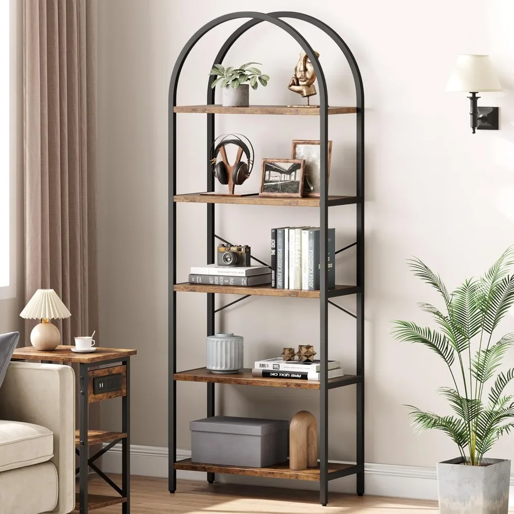 

5 Tier Bookcase Arched Display Racks Tall Standing Bookshelves Metal Frame Modern Storage Rack Shelf Large Wood Book Shelf