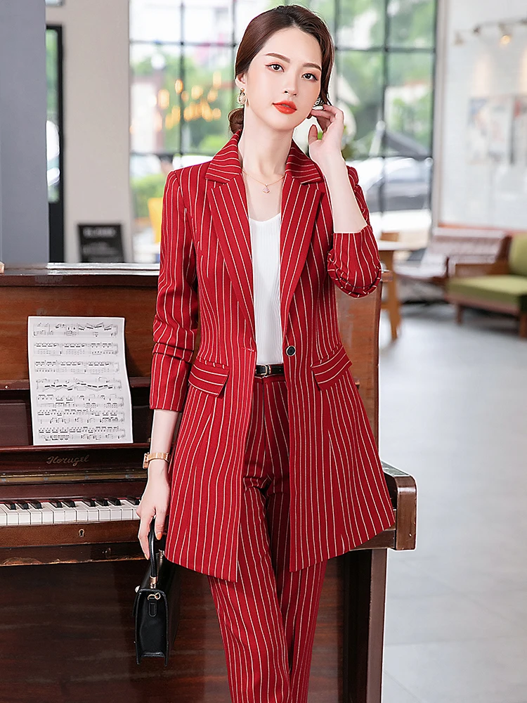 Frauen Striped Formale Hose Anzug Büro Damen Schwarz Rot Weibliche Dünne Lange Blazer Jacke Und Hosen 2 Stück Set Für arbeit Tragen