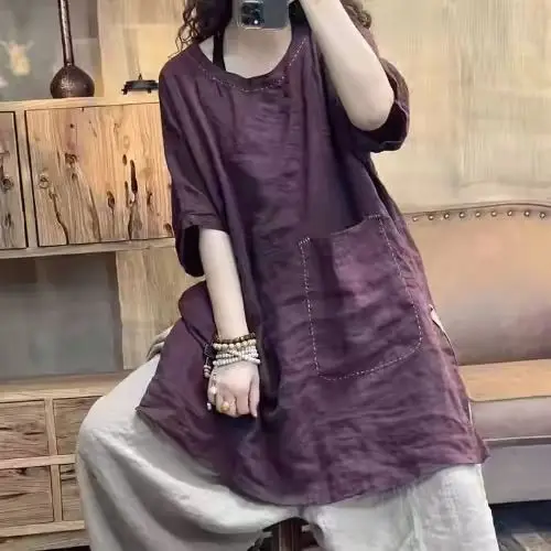 

Fashionable Cotton Linen Base Shirt Women's plus Size Summer New Style Retro Sleeve T-Shirt Belly Covering Comfortable Top