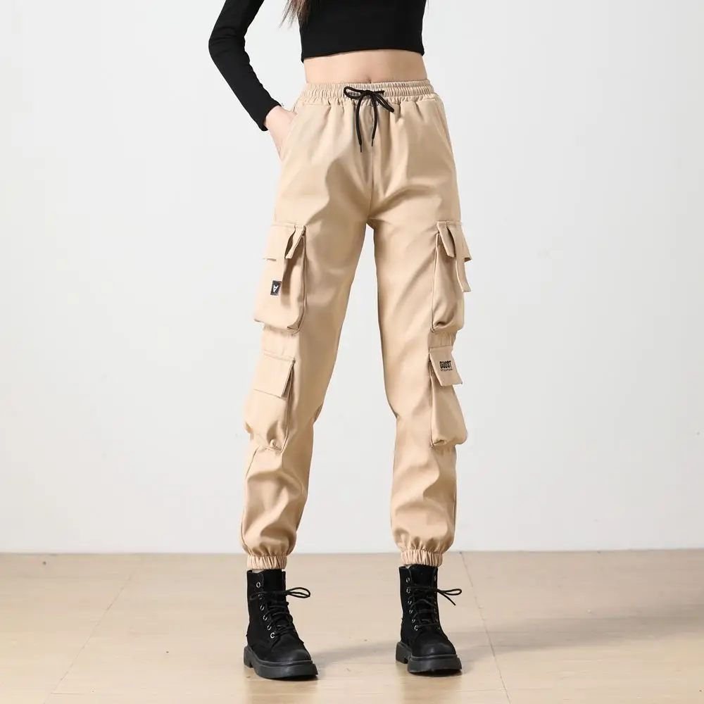 

High Street Hip Hop Cargo Pants Autumn New Women Solid Pocket Elastic High Waist Youth Casual Loose Straight Bound Feet Trousers