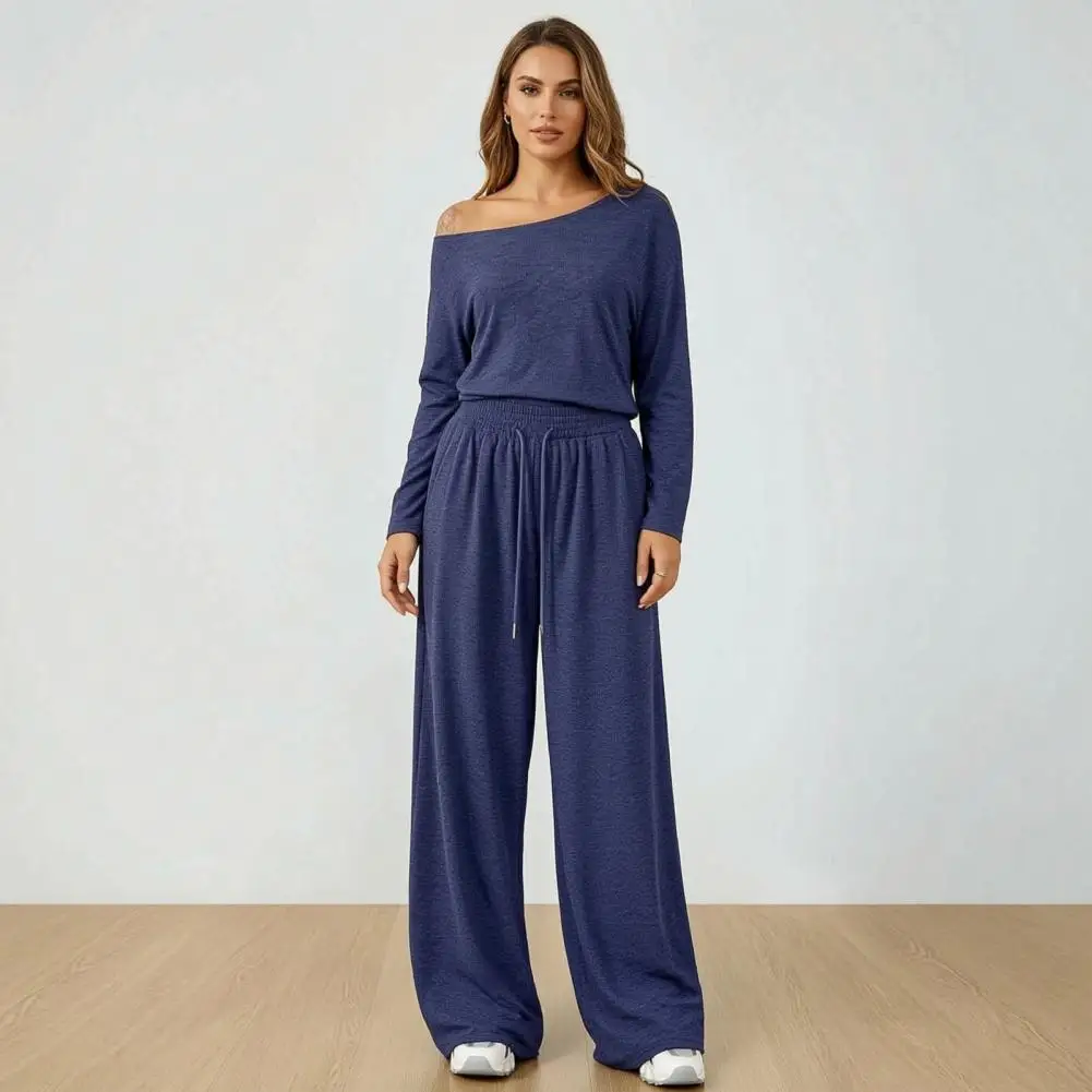 Women Sweatshirt Pants 2-Piece Outfits, Off Shoulder Long Sleeve Top, Solid Color Matching Lounge Set for Spring Autumn