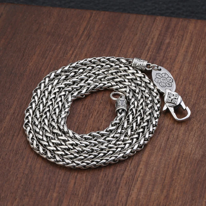 

S925 Sterling Silver Unisex Om Mani Padme Hum Vajra Pendant Twisted Rope Chain Necklace 3mm Antique Tibetan Style Trendy