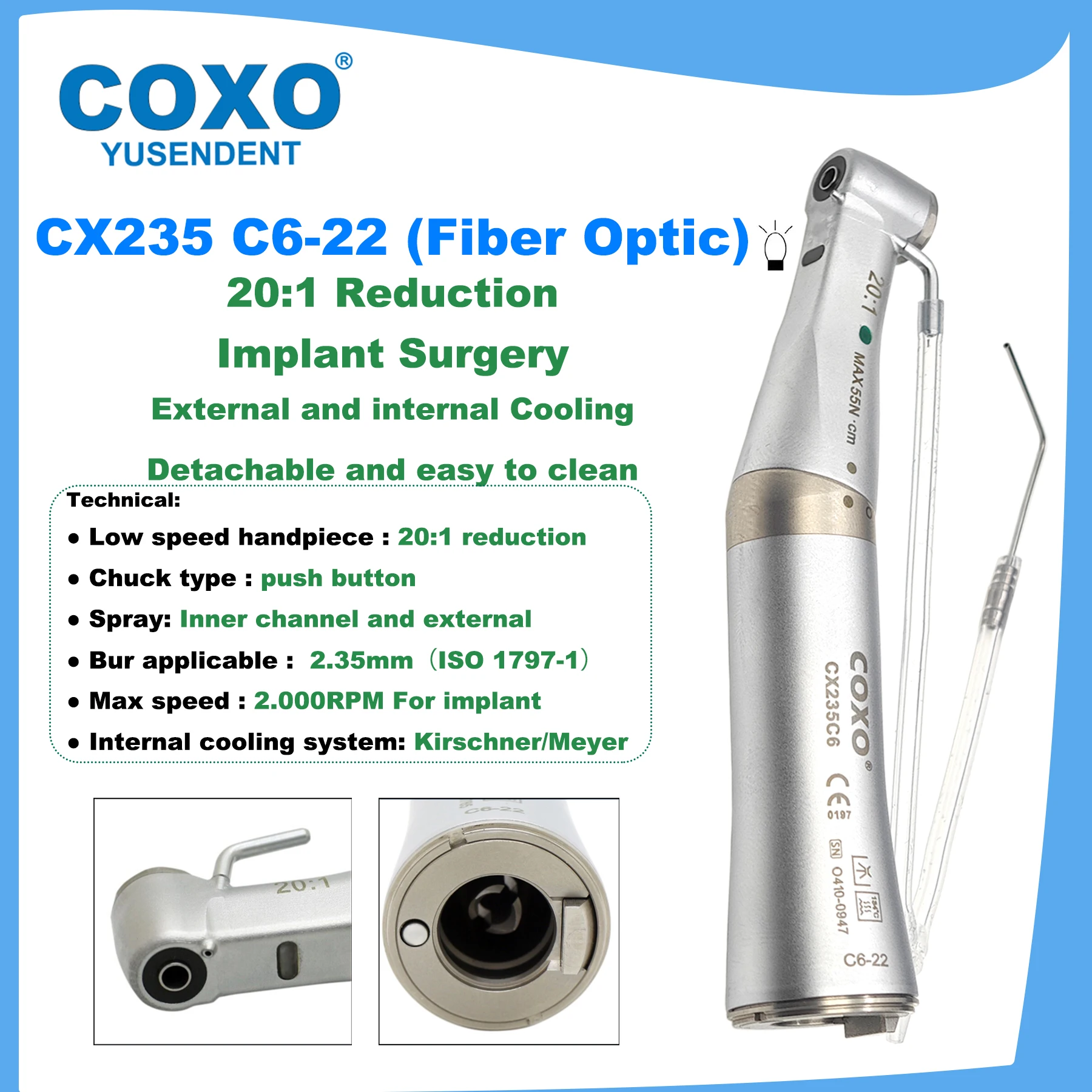 

COXO Dental 20:1 Reduction Fiber Optic Low Speed Handpiece Dental Implant Surgery Low Handpiece E Type Fit KAVO NSK