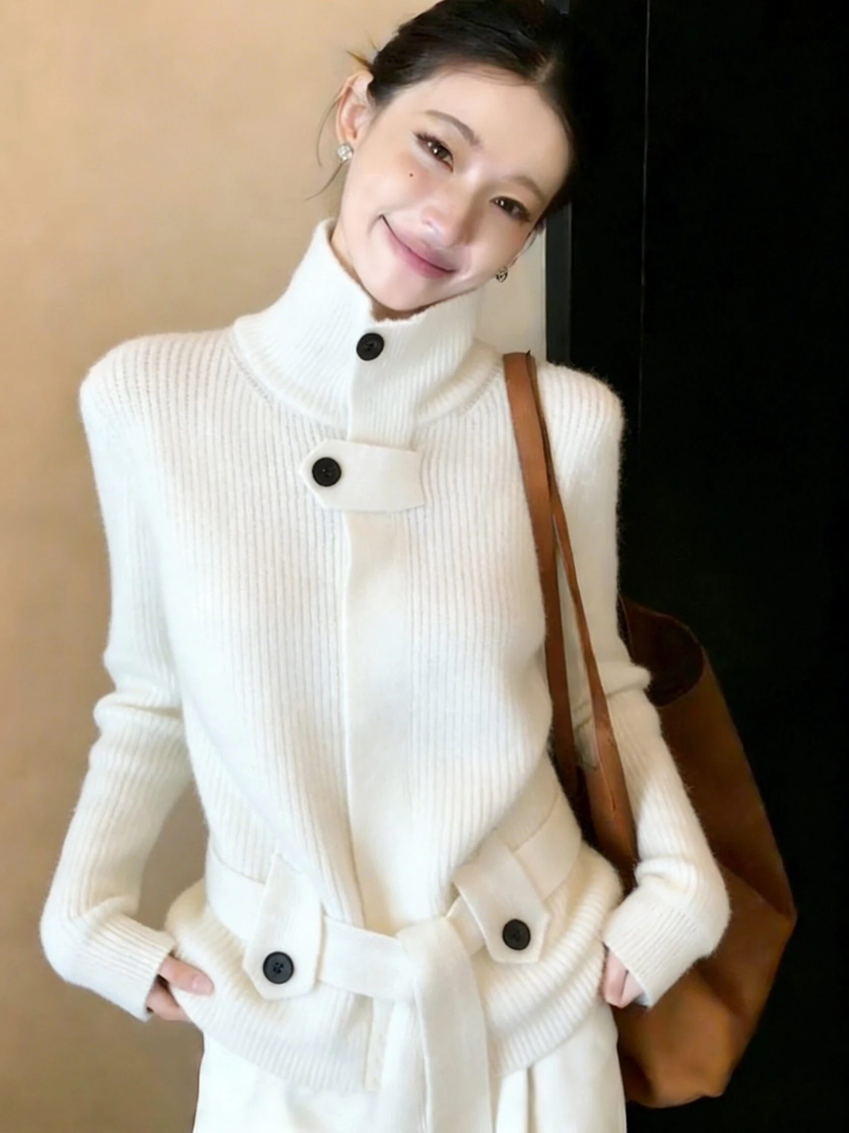 

Spring Autumn 2026 Women's High Collar Knitted Open Cardigan Long Sve Slim Fit Sweater Jaet Commute Outfit Top