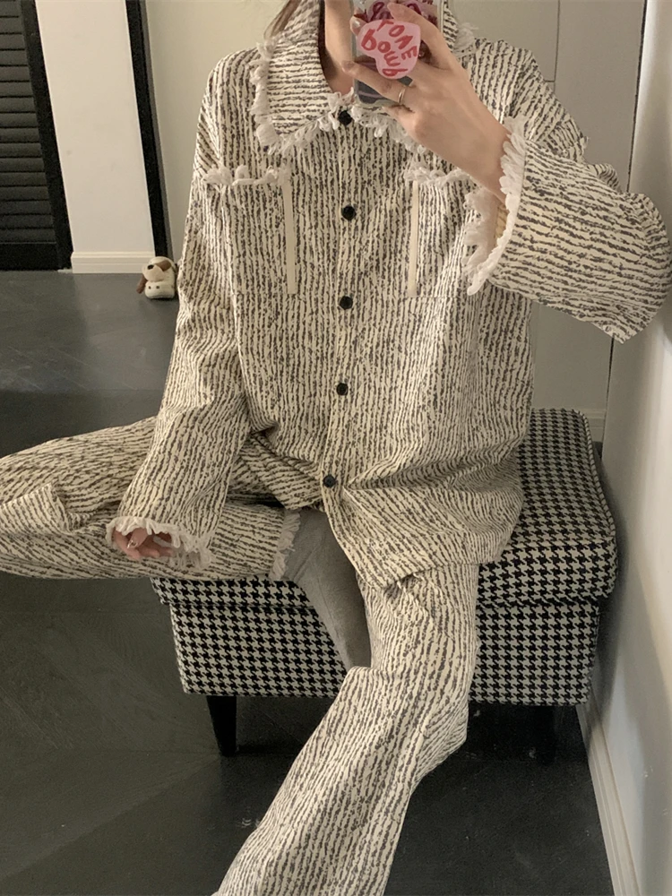 

Thickened Long Sleeve Air Cotton Pajamas Women's Retro Striped Home Clothes Sleepwear Autumn Winter Style Comfortable Home Suit