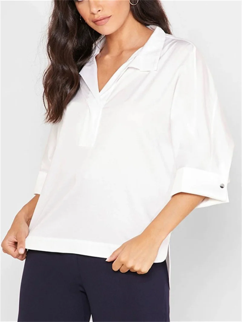 White Women Curved Split Hem Shirt Loose V-Neck Ladies Temperament Blouse 2024 Summer